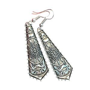 Pendulum pierced earrings embossed silvertone ornate drop & dangle style